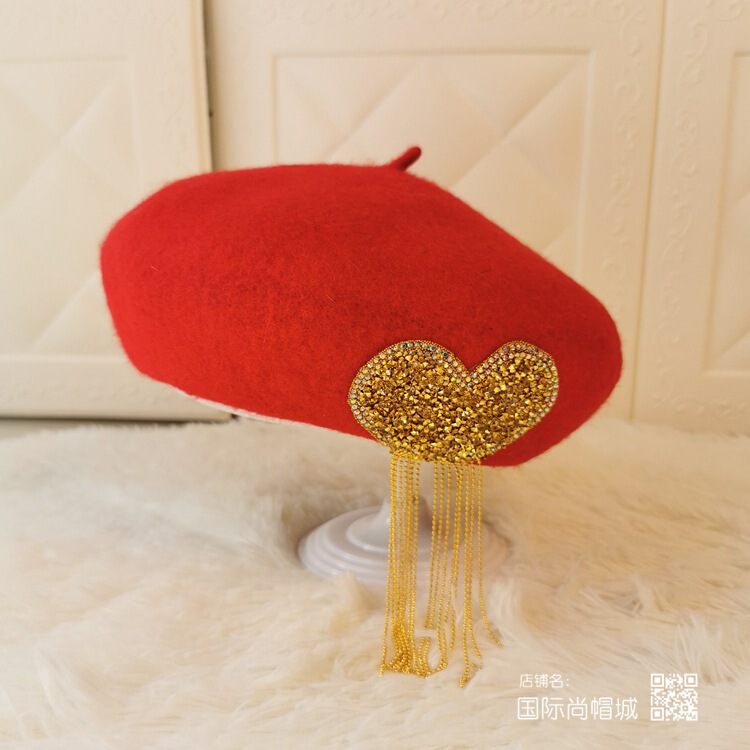 秋冬新款爱心流苏贝雷帽韩系保暖帽子女复古毛呢画家帽百搭贝蕾帽|undefined