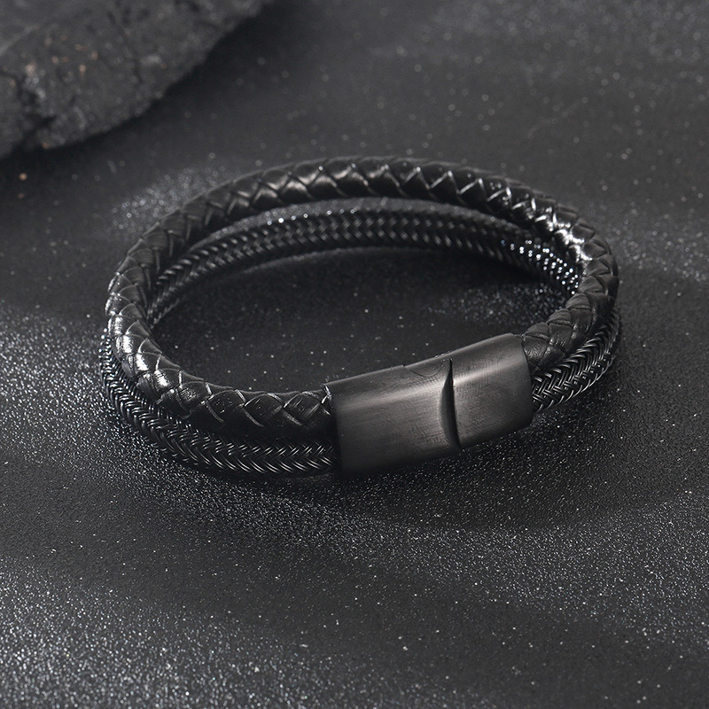 Bangle Classification Simple Style Geometric Stainless Steel Leather Rope Plating Men's Bangle Men Cord & Leather Bracelets