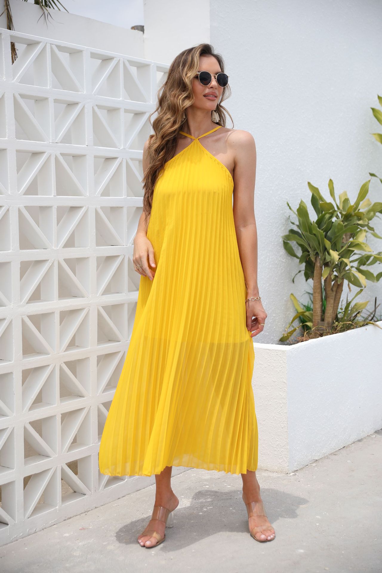 Primavera y verano, Europa y América, comercio exterior, nueva ropa de mujer, deseo Amazon, nuevos productos sin mangas, vestido de cuello, ropa de playa