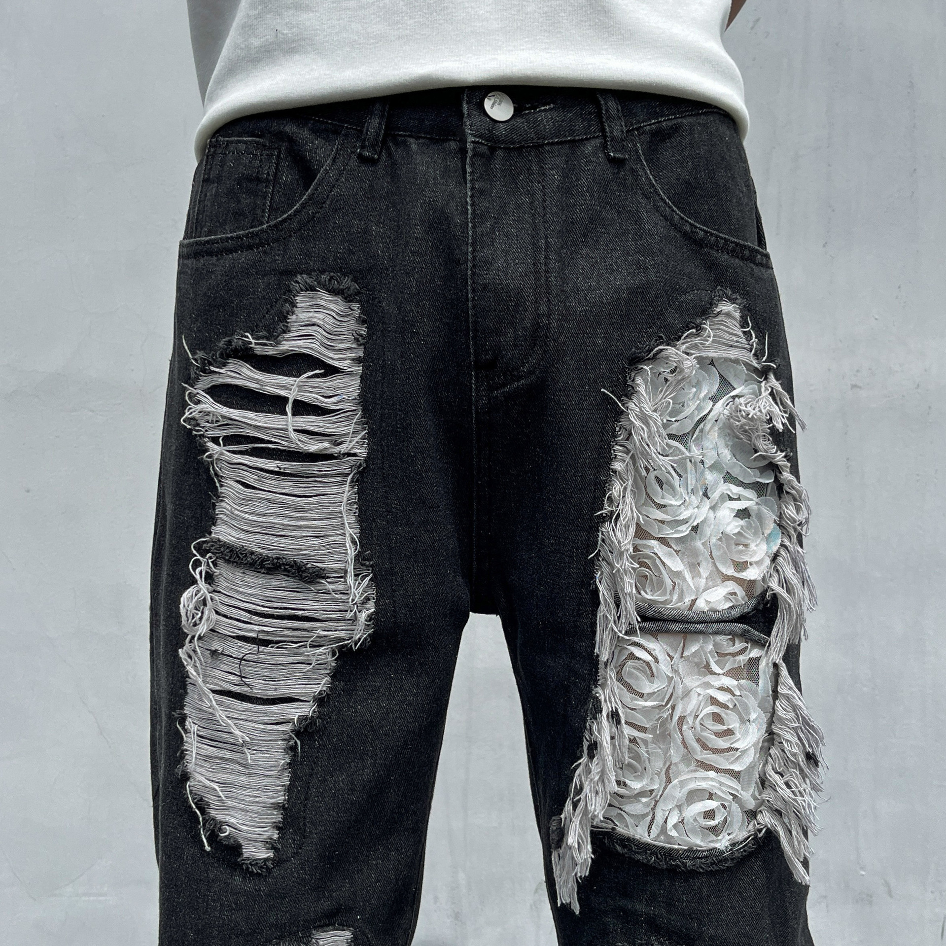 Tie-Dye Ripped Jeans For Men And Women American High Street Vintage Washed Slim Fit Flared Pants_mkmklike.com