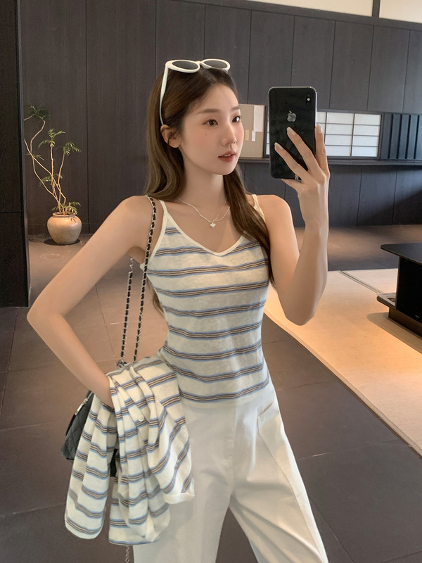 蓝白条纹拼接撞色针织长袖开衫女2025早秋新款松弛感宽松正肩上衣|undefined