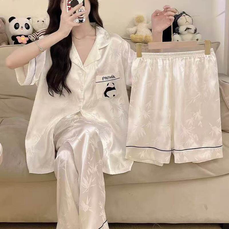 Cute Panda Ice Silk Three-Piece Pajamas Cartoon Summer Thin Sweet High-End Silk Home Wear Set for Women