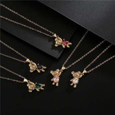 Macao five ancient color zircon micro copper inlaid with 18 k gold plating female cute baby bear pendant necklace