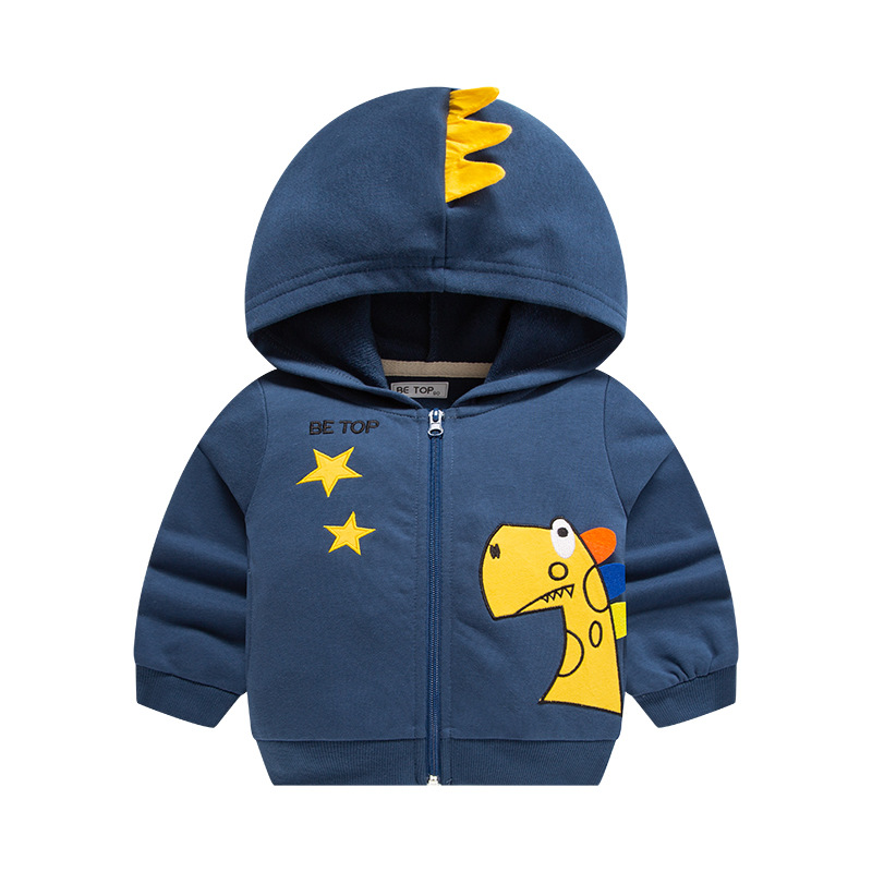 Abrigo de otoño para niños superior 2024 camisa de cremallera de bebé de algodón puro con capucha de dinosaurio de dibujos animados para niños nuevos