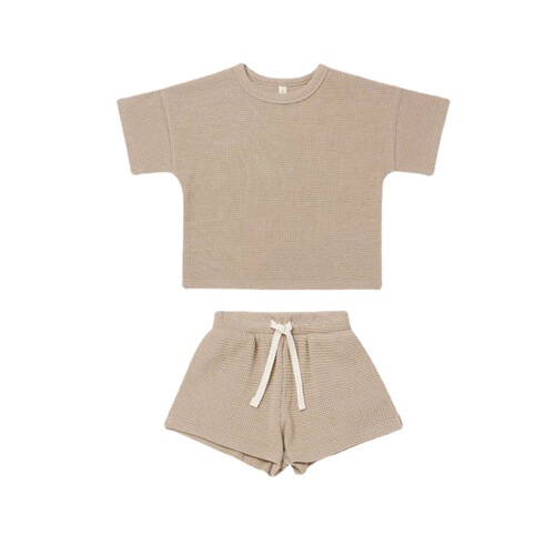 Infant and toddler set  summer Nordic style male and female baby short-sleeved shorts waffle round neck striped two-piece set