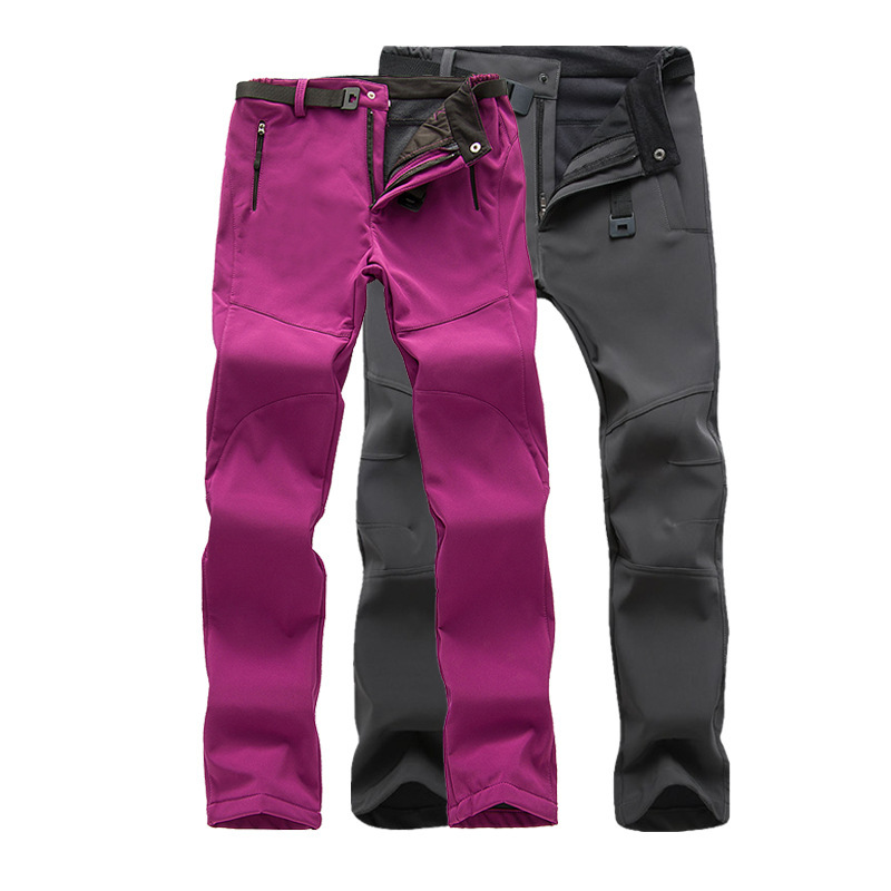 Outdoor Soft Shell Rush Pants Men's Waterproof Windproof Ski Pants Thickened Warm Fleece-Lined Pants Solid Color Outdoor Mountaineering Pants for Women