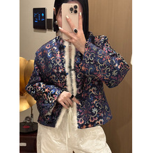 中式风真丝宋锦混纺拼貂毛夹棉棉服女，S M L XL，不退不换
