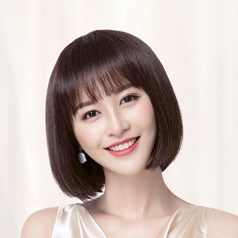 Bob Wig with Real Human Hair for Women, Short Straight Full Wig, Internet Celebrity Style, Natural Top to Cover Gray Hair, Full Wig Set
