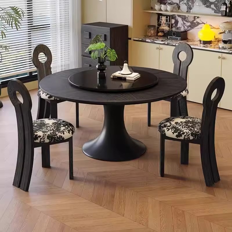 Mesa de comedor redonda retrógrada francesa 2024 nuevo estilo de madera maciza estilo americano estilo medieval negro de alta calidad