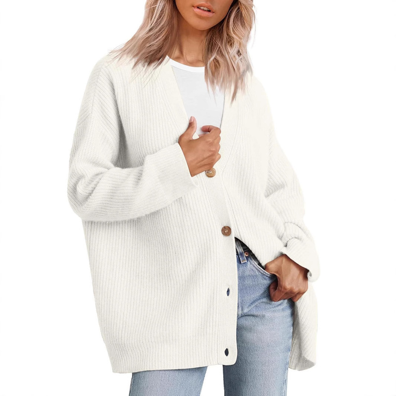 Cross-border European and American-style simple Joker knitted 2024 cross-border women's clothing Amazon button V-neck solid color sweater women Cross-border European and American-style simple Joker knitted 2024 cross-border women's clothing Amazon button V-neck solid color sweater women