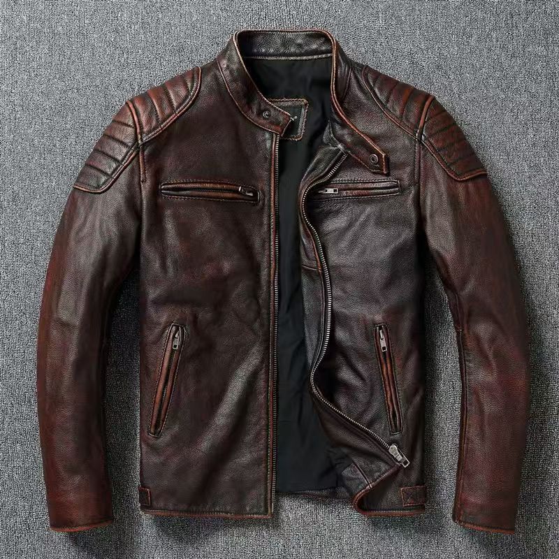 Men's Vintage Slim-Fit Leather Jacket with Stand Collar, Short Style, Bargain Price, Motorcycle Style