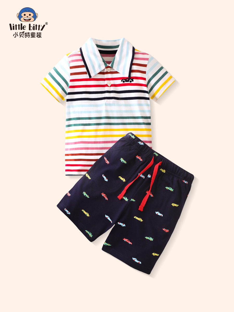 2025 verano nueva tendencia de moda para niños pantalones cortos de manga corta traje de camisa POLO traje de dos piezas a rayas para niños
