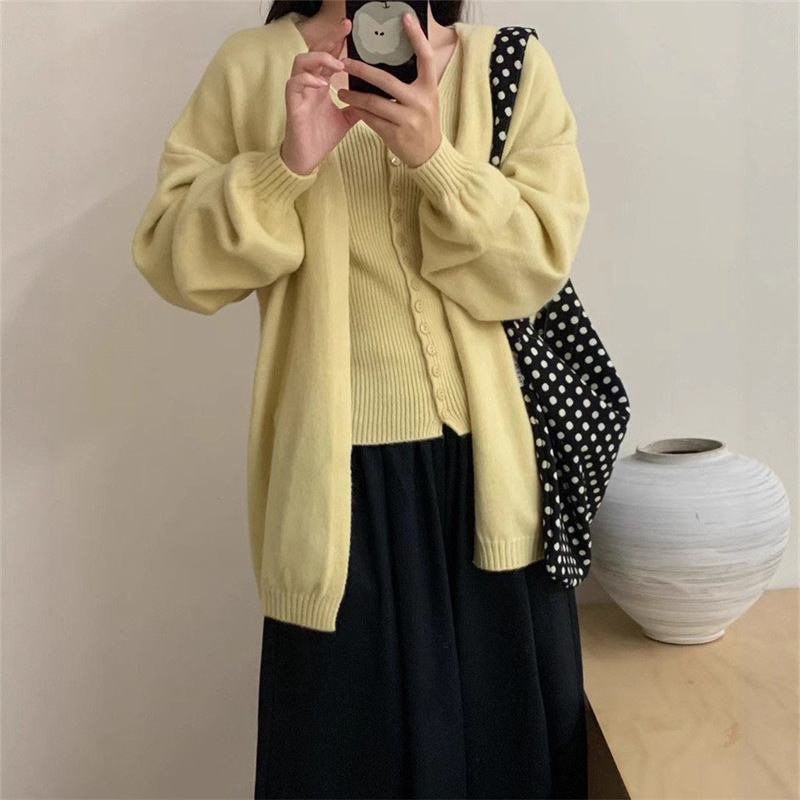 套装女港风复古麻花针织背心开衫上衣女秋冬新款宽松慵懒风两件套|undefined