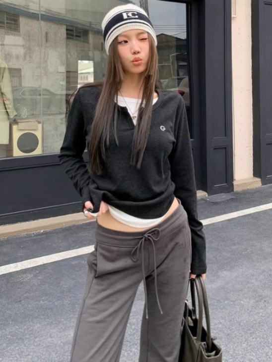 外贸新款假两件褶皱设计长袖T恤女秋冬时尚修身百搭打底上衣女T潮|undefined