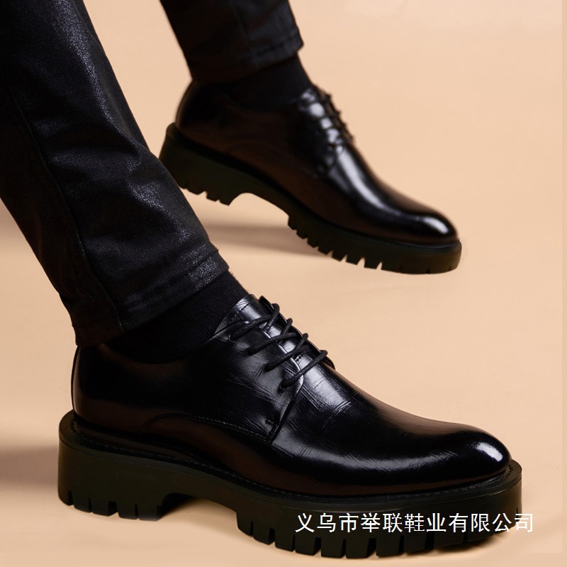 Thick-Soled Leather Shoes for Men, Genuine Leather Business Autumn and Winter Warm High-End Casual Shoes for Men, Height-Increasing Wedding Groom's Shoes