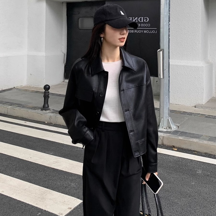 South Korea Chic Autumn Niche Handsome Lapel Single-breasted Loose Casual Long-sleeved Bearer Clothing Leather Short Coat Women