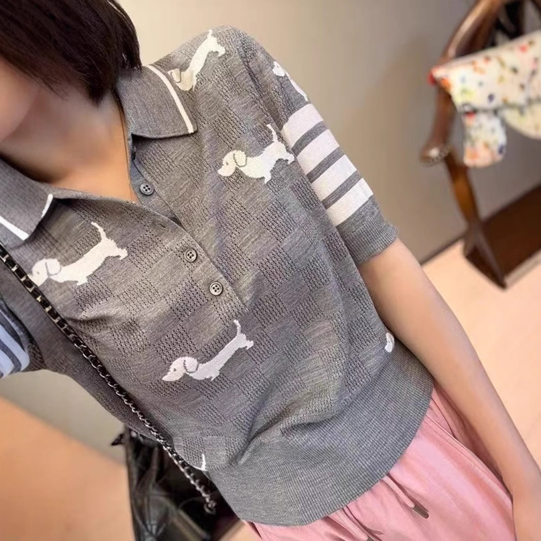 26 Summer New Arrival Preppy Style Thin Knit Sweater for Women, Hollow-out Puppy Stripe Short-sleeved Polo Collar Top/T-shirt