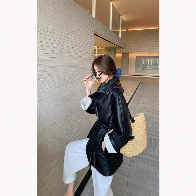 2025 Spring and Autumn New Design High-End Street Style Retro Black Stand Collar Pu Leather Jacket Women's Loose Top 2025 Spring and Autumn New Design High-End Street Style Retro Black Stand Collar Pu Leather Jacket Women's Loose Top
