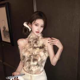 秋冬季新款纯欲风辣妹气质毛毛拼接上衣短款蝴蝶结挂脖吊带背心女