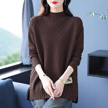 外贸原单大牌清仓欧货半高领毛衣女宽松中长款百搭上衣打底针织衫