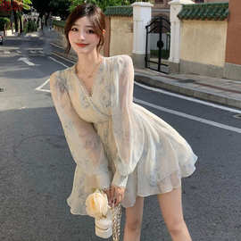 Y9Zv领碎花连衣裙女夏季收腰薄款雪纺气质短裙小个子显瘦长袖a字