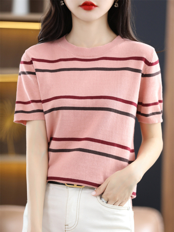 2026 Summer New Style Color-Blocked Round Neck Straight Half-Sleeved Short Top Striped Short-Sleeved T-Shirt Women's Knitted Bottoming Shirt 2026 Summer New Style Color-Blocked Round Neck Straight Half-Sleeved Short Top Striped Short-Sleeved T-Shirt Women's Knitted Bottoming Shirt