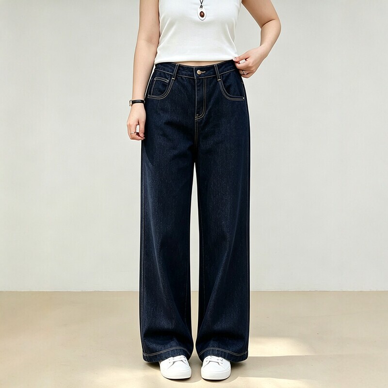 High-waisted stretch straight-leg jeans for plus-size women, high-waisted pear-shaped body slimming wide-leg pants 3732
