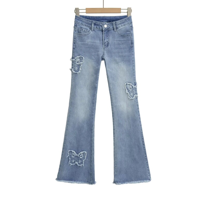 American Style Retro Butterfly Embroidered Jeans for Women, High-Waisted, Slimming, Washed, White Raw Edge, Micro-Flared Pants, Trendy