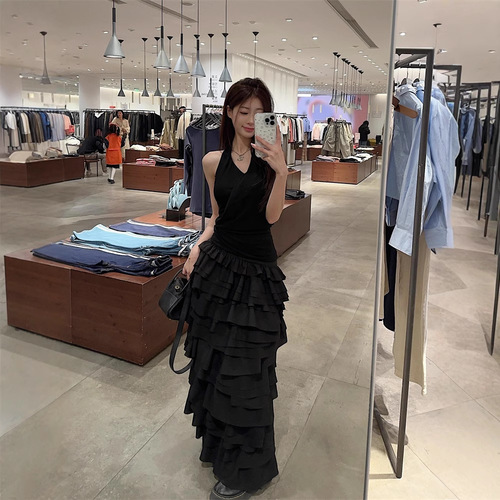 ~White Necktie Dress Set for Women Spring French Cake Dress Long Skirt Korean Version 2025