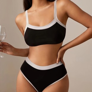 Cross-Border 2025 New Amazon European and American Foreign Trade Popular Split Swimsuit Black and White Stitching Contrasting Bikini Wholesale