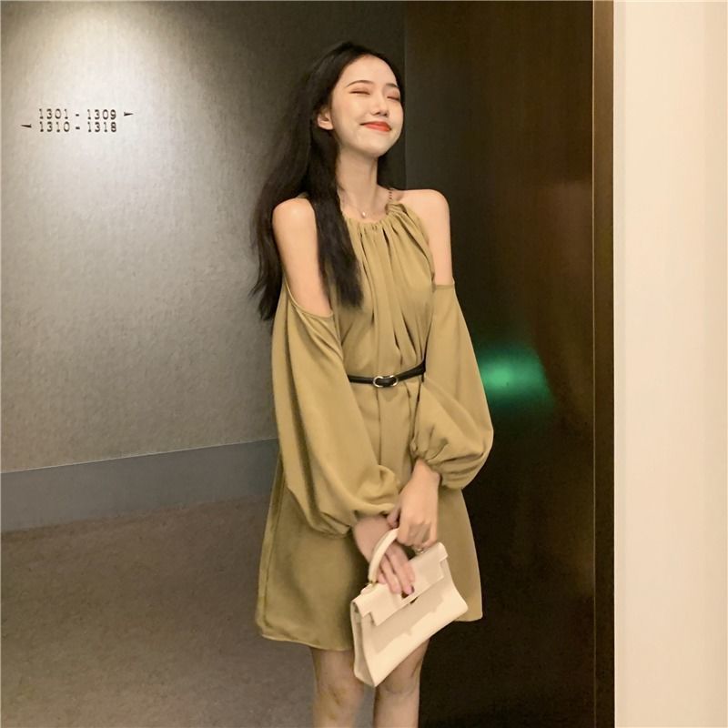 2025 新韓国デザインオフショルダールーズ長袖ドレス女性のための秋のホルターネック A ラインスカートウエスト痩身|undefined