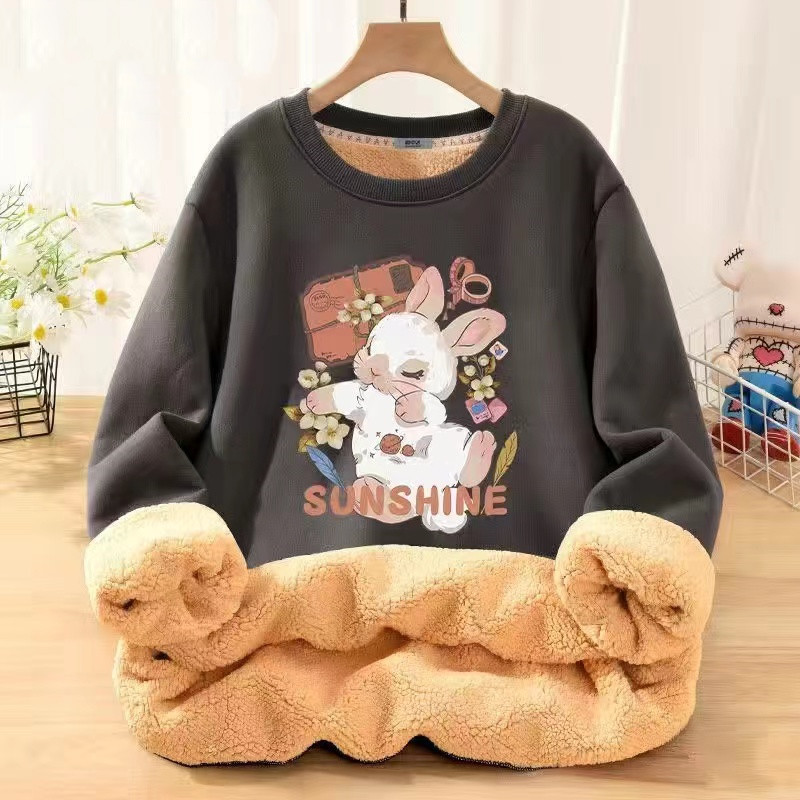 星球睡兔趣味印花羊羔绒卫衣男冬季加绒加厚宽松百搭青年长袖外套