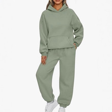 2025欧美外贸秋冬新款亚马逊女式两件套休闲连帽衫运动服长裤套装