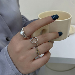 日韓潮流新款笑臉戒指做舊泰銀學生飾品簡約微笑開口食指指環批發