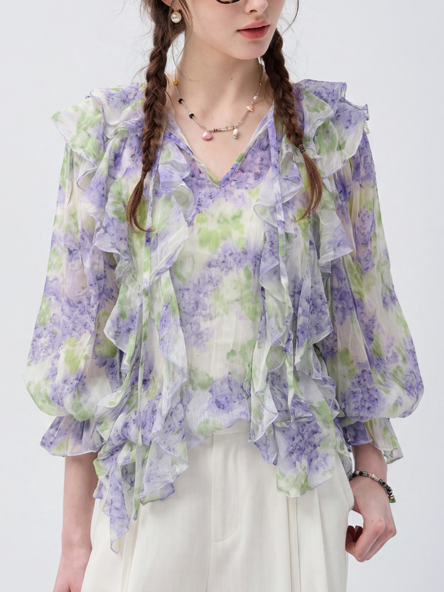 Áo sơ mi nữ chiffon in hoa tay dài viền lá sen — Yên Hà Tử
