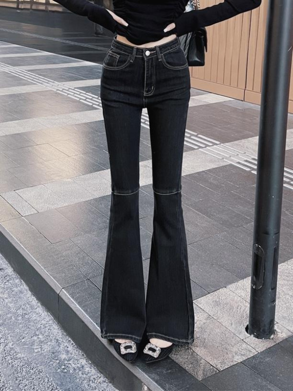 Shanlida Di Black Spicy Girl Flared Jeans for Petite Women, Hong Kong Style, Slim Fit, Butt-Lifting, Fishtail, Wide Flare