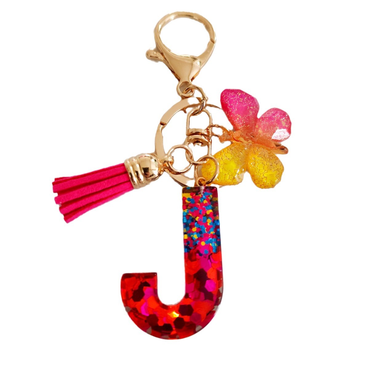 Ventas transfronterizas calientes de letras inglesas de color mixto colgante de llavero colgante de mariposa fringe de resina de llavero colgante de joyería