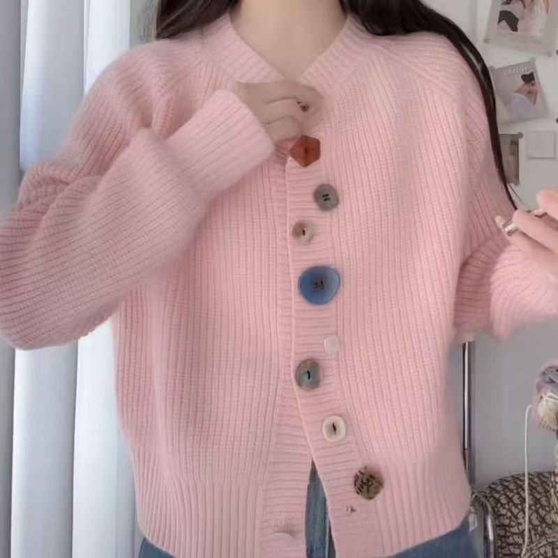 设计感小众不规则彩扣针织开衫毛衣外套女2025秋韩系减龄针织上衣|undefined