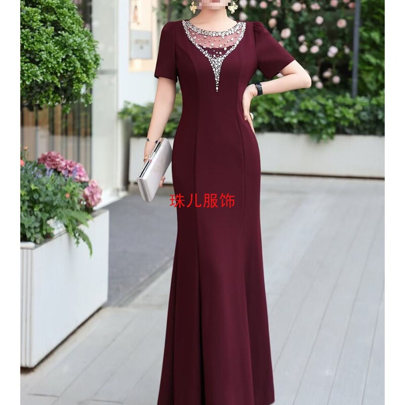 Beaded Evening Dress for Women, Elegant Party Gown with Rhinestone Collar, Mermaid Long Dress for Weddings, Summer Short-Sleeve Beaded Evening Dress for Women, Elegant Party Gown with Rhinestone Collar, Mermaid Long Dress for Weddings, Summer Short-Sleeve