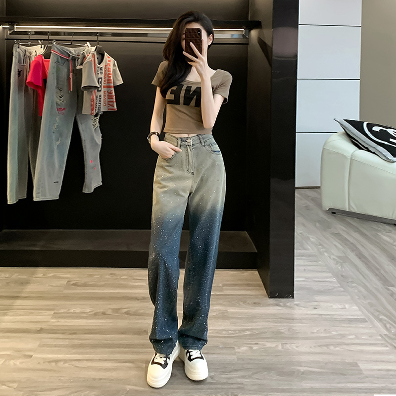 Jeans Fashion Set Women's 2023 New Summer Western Style Pants Printed T-shirt Fashionable Slimming Two-piece Set Trendy