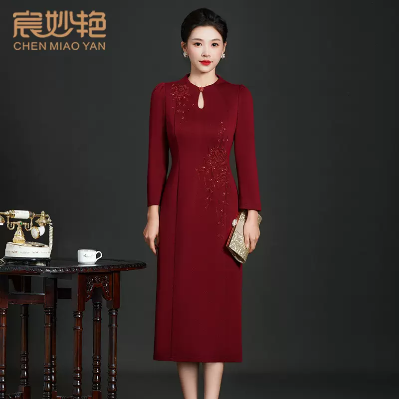 中老年女装2025秋冬新款婚宴改良旗袍长袖气质羊毛针织连衣裙批发