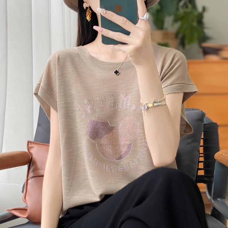 Slub Round Neck Knitted Short-sleeved T-shirt Women's Loose Slimming Hot Drilling Sleeveless Base Thin Top Half-sleeved Summer