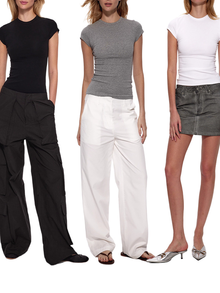 スポットベーシックストレッチモーダル右肩レディーススリムスポーツトップアメリカンホットガール砂時計ウエスト半袖Tシャツ