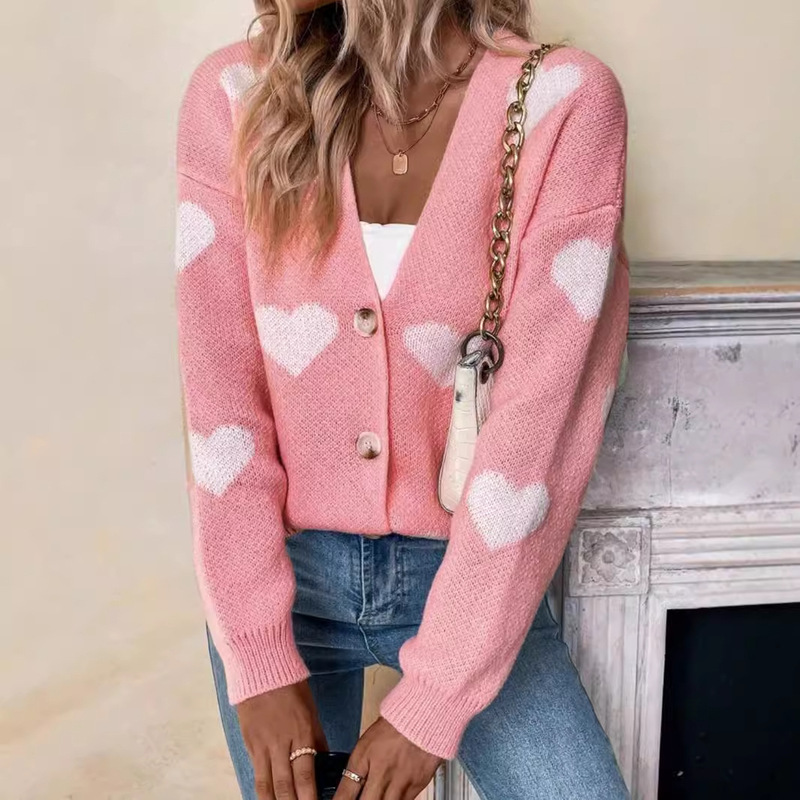 Foreign Trade Cross-border Europe and America Amazon Source Manufacturers Sweater Women's Long Sleeve Cardigan Valentine's Day Love Pattern Knitwear