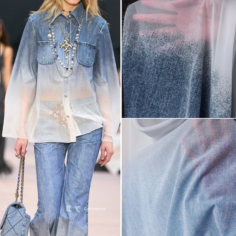 Runway Style Blue Gradient Denim Silk Reconstructed Texture Creative Shirt Jacket Haute Couture Clothing Design Fabric