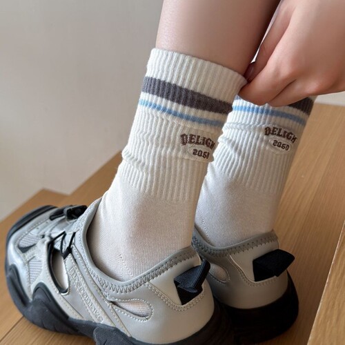 MEKKI boneless socks for women's spring mid-tube socks, cotton socks, heel embroidery stripe women's socks, boneless Korean series pile socks