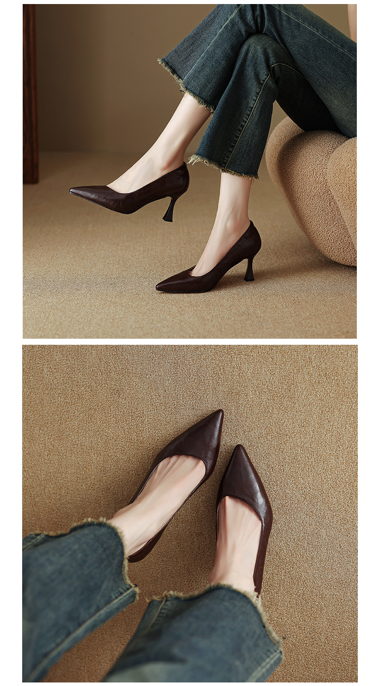 Giày cao gót mũi nhọn kiểu Pháp size 33-41, giày nữ xuân thu mới, giày cao gót đơn giản đi làm — Màu nâu chi tiết 11