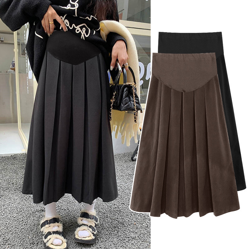 Brown pleated skirt for pregnant women Spring and Autumn New High waist belly support long skirt loose mid-length A- line belly support umbrella skirt Brown pleated skirt for pregnant women Spring and Autumn New High waist belly support long skirt loose mid-length A- line belly support umbrella skirt