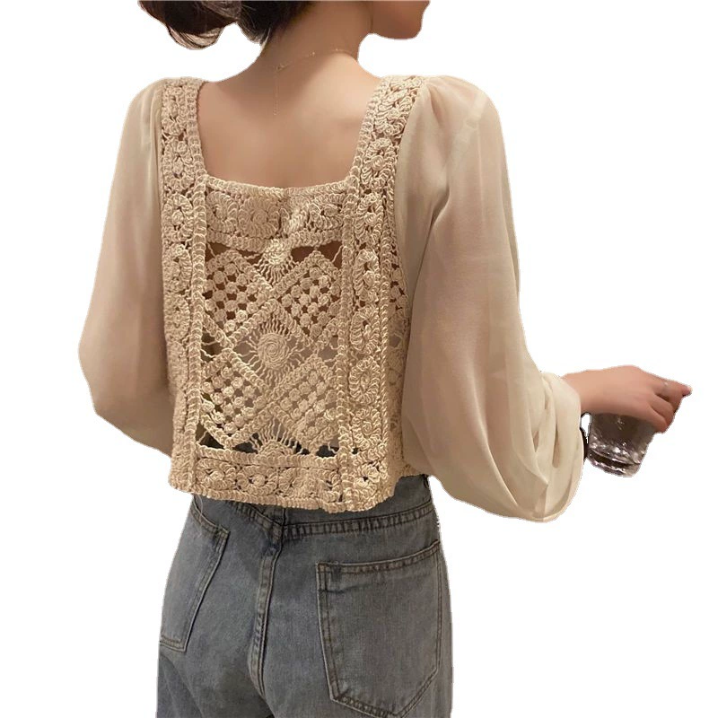 Short blouse, women, French style, square neckline, long sleeves, autumn 2025