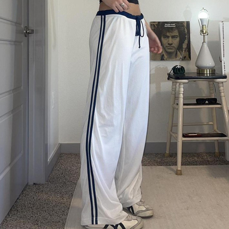 Lässige, gestreifte Hosen mit Straßenaufdruck für Damen im neuen Stil 2024 mit kontrastierenden, lockeren Schnürsenkeln und vielseitigen Hosen_voghion.com